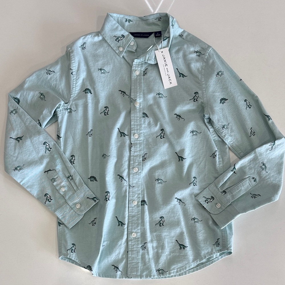 Janie and Jack Teal Dinosaur Button-Up Shirt